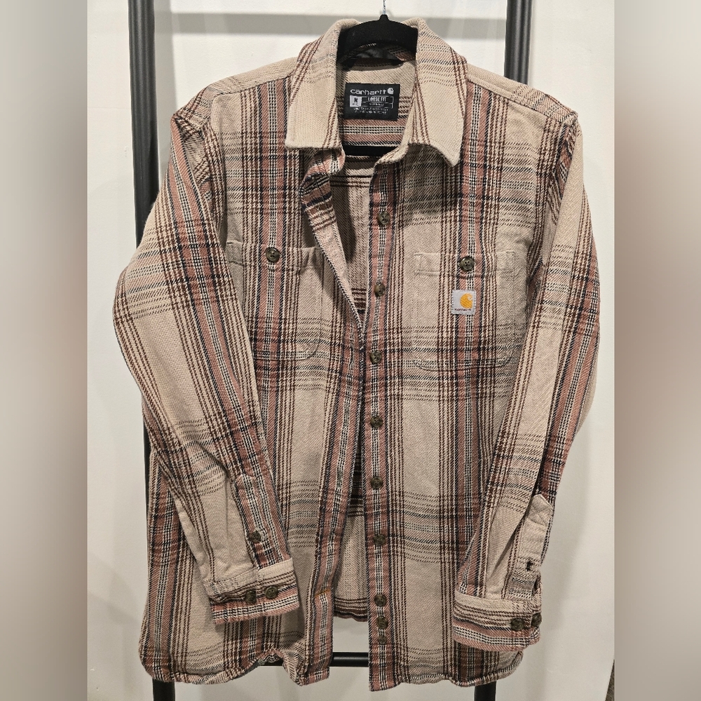 Carhartt Beige and Brown Plaid Work Shirt Jacket